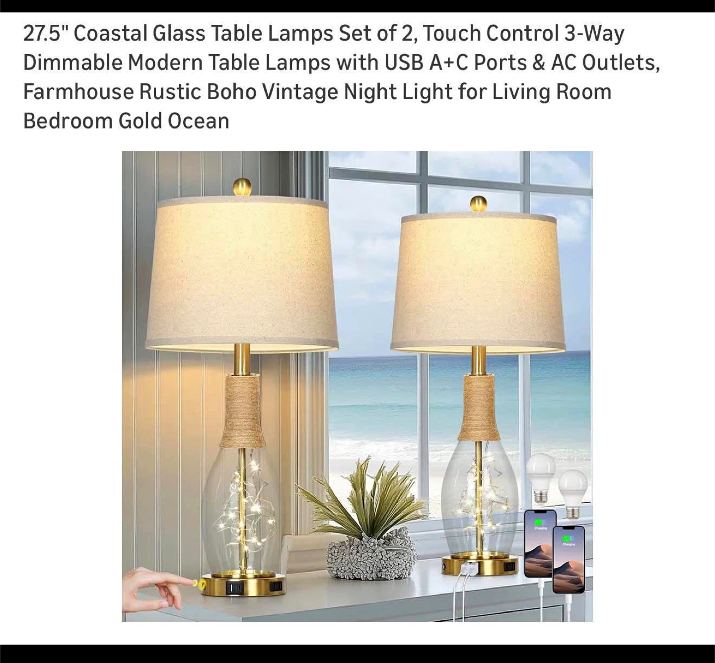 Set of 2 Coastal Glass Table Lamps - photo 3