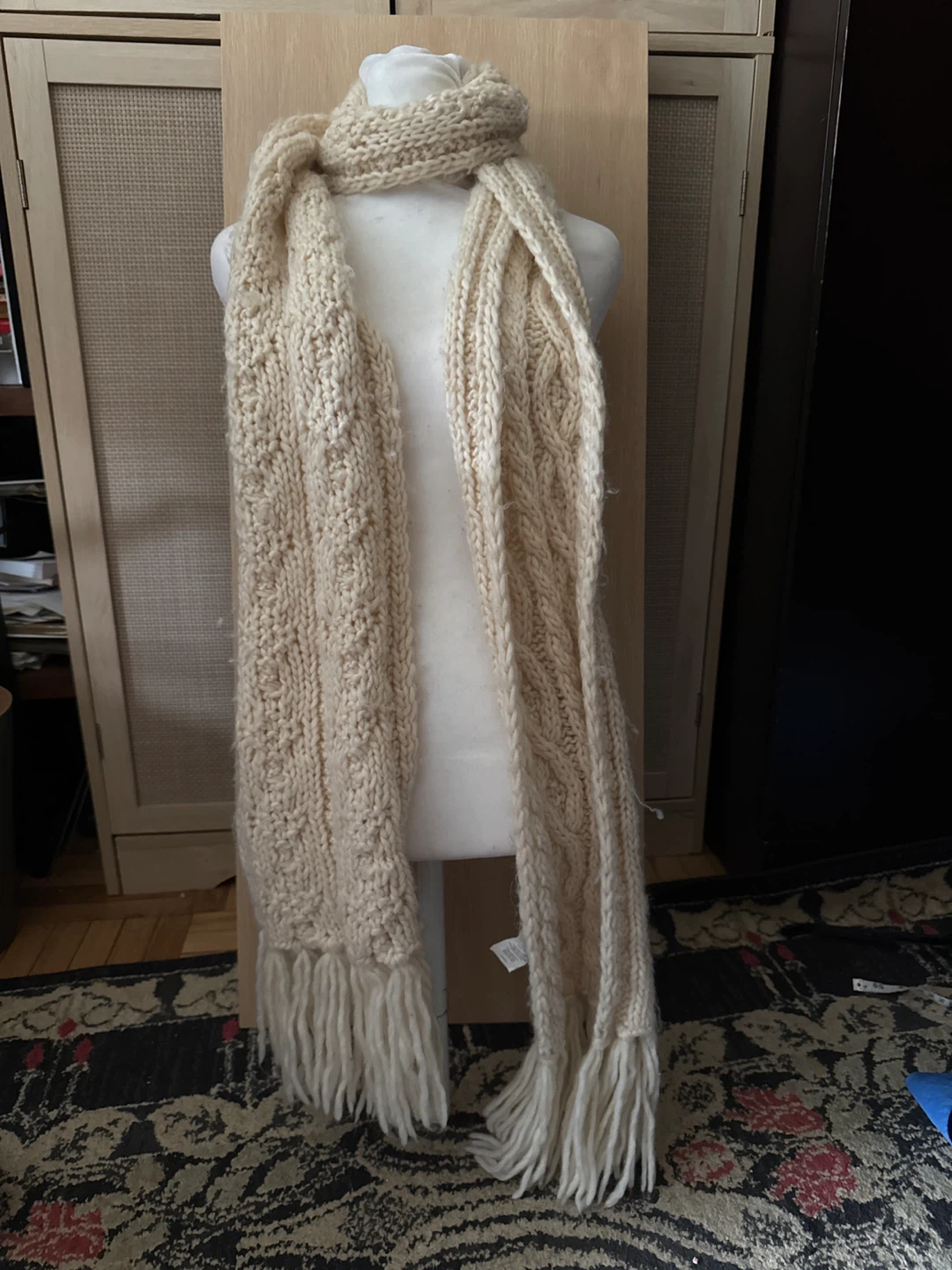 High quality long Cream Cable Knit Scarf with Fringe - photo 2