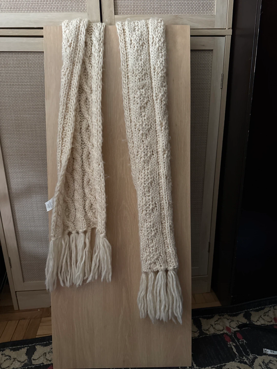 High quality long Cream Cable Knit Scarf with Fringe