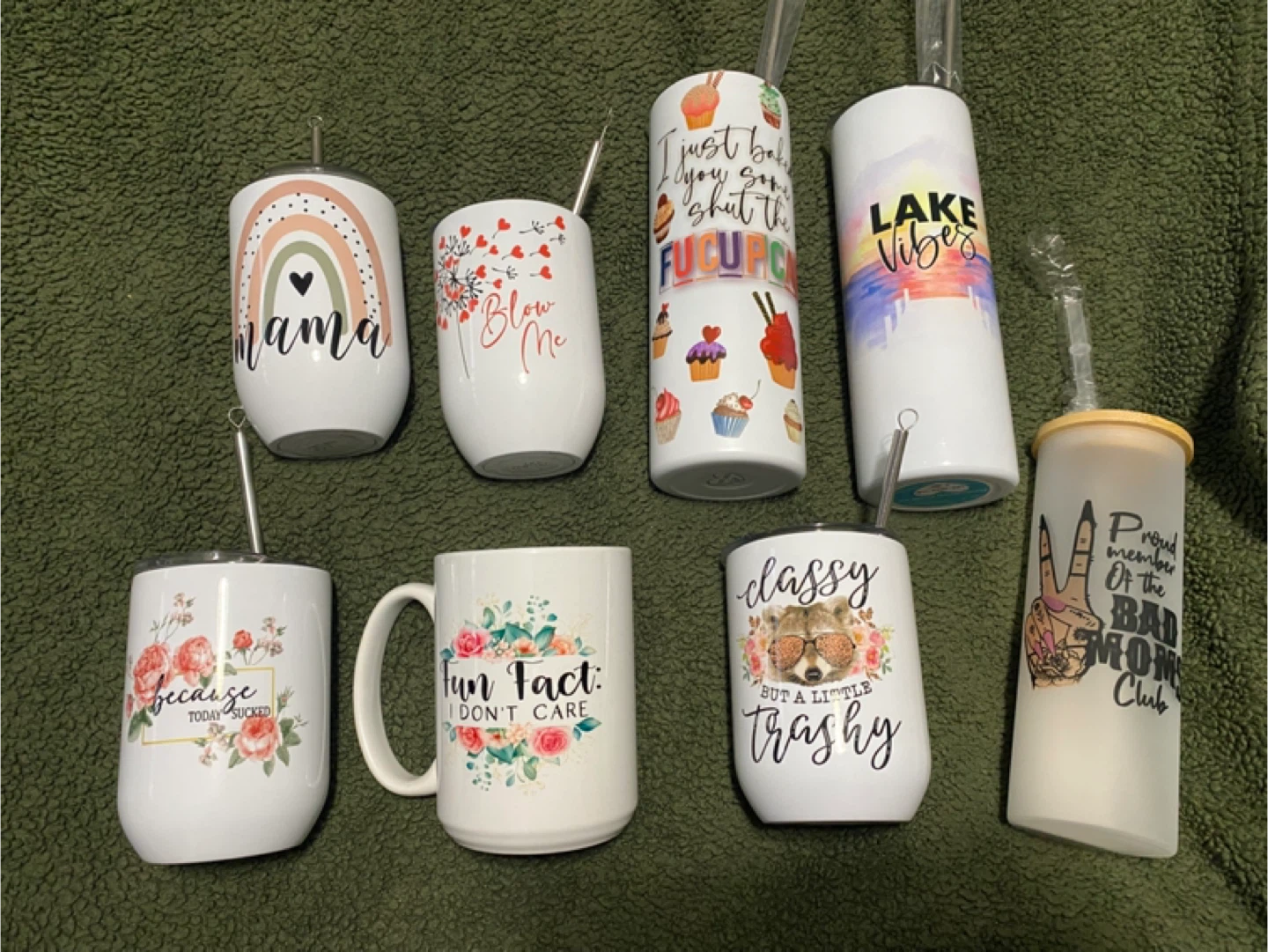 Assorted Tumblers and Mugs with Various Designs