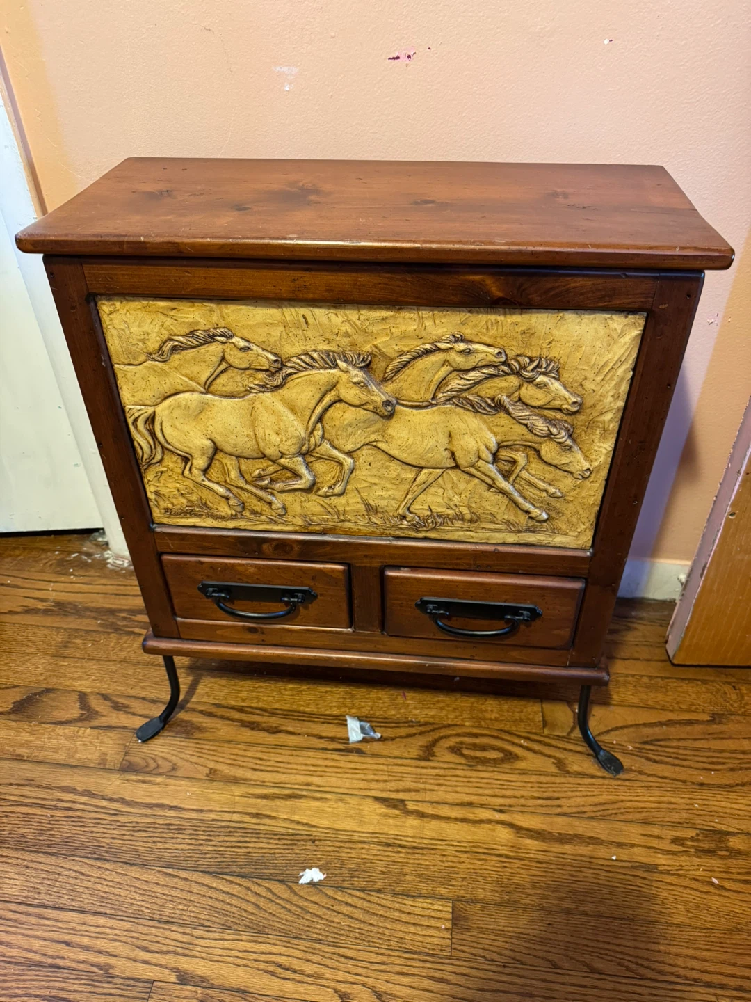 Wooden Storage Chest with Horse Relief and Drawers