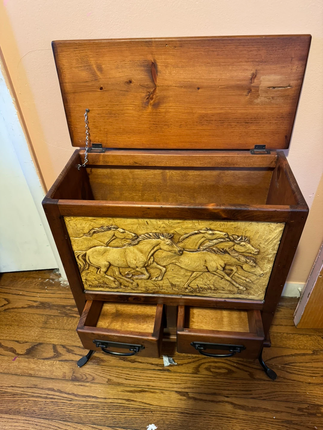 Wooden Storage Chest with Horse Relief and Drawers - photo 2