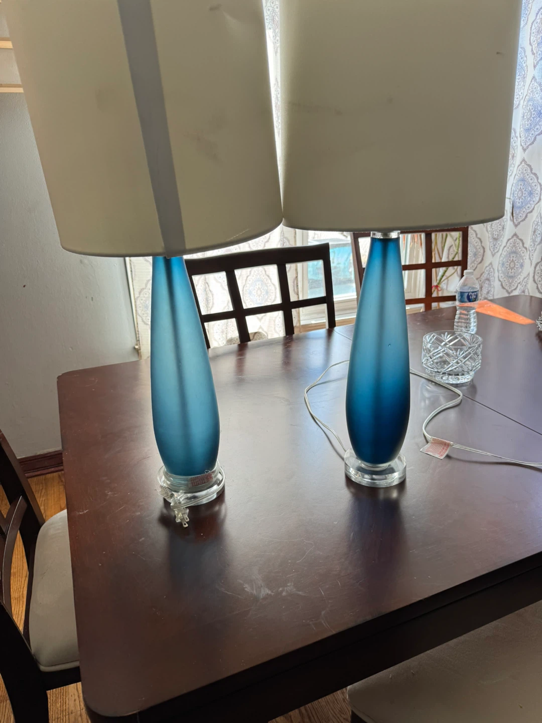 Pair of Blue Glass Table Lamps with Cream Shades - photo 2