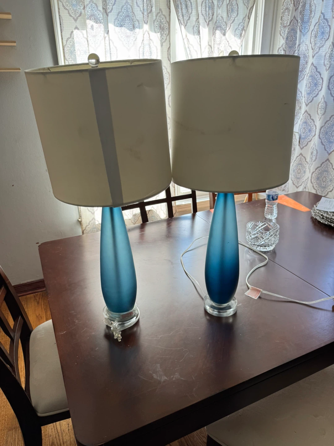 Pair of Blue Glass Table Lamps with Cream Shades