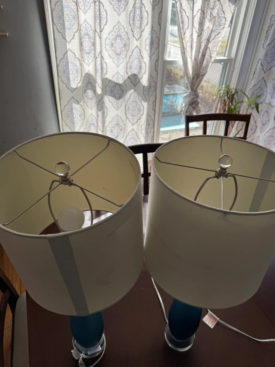 Pair of Blue Glass Table Lamps with Cream Shades - photo 3