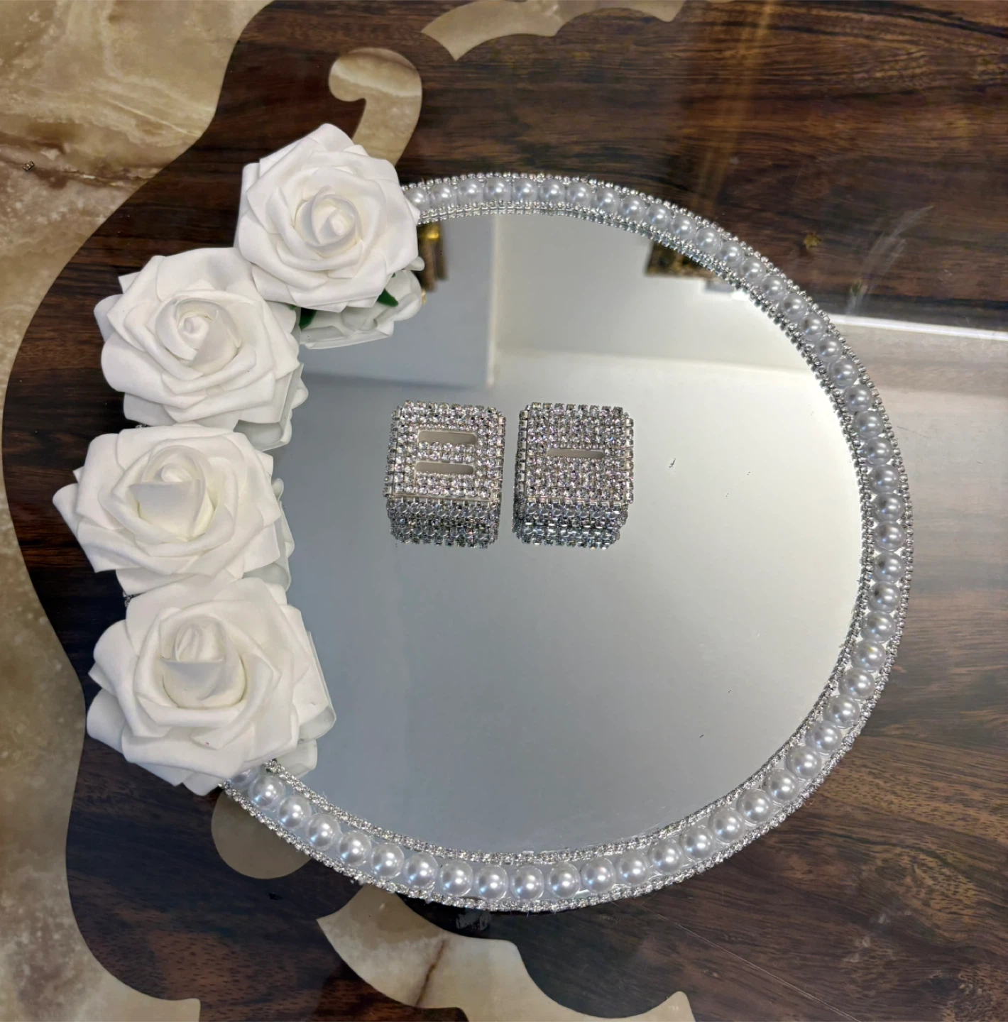 Round Mirror Tray with Faux Pearls & silver rhinestone borders - photo 2