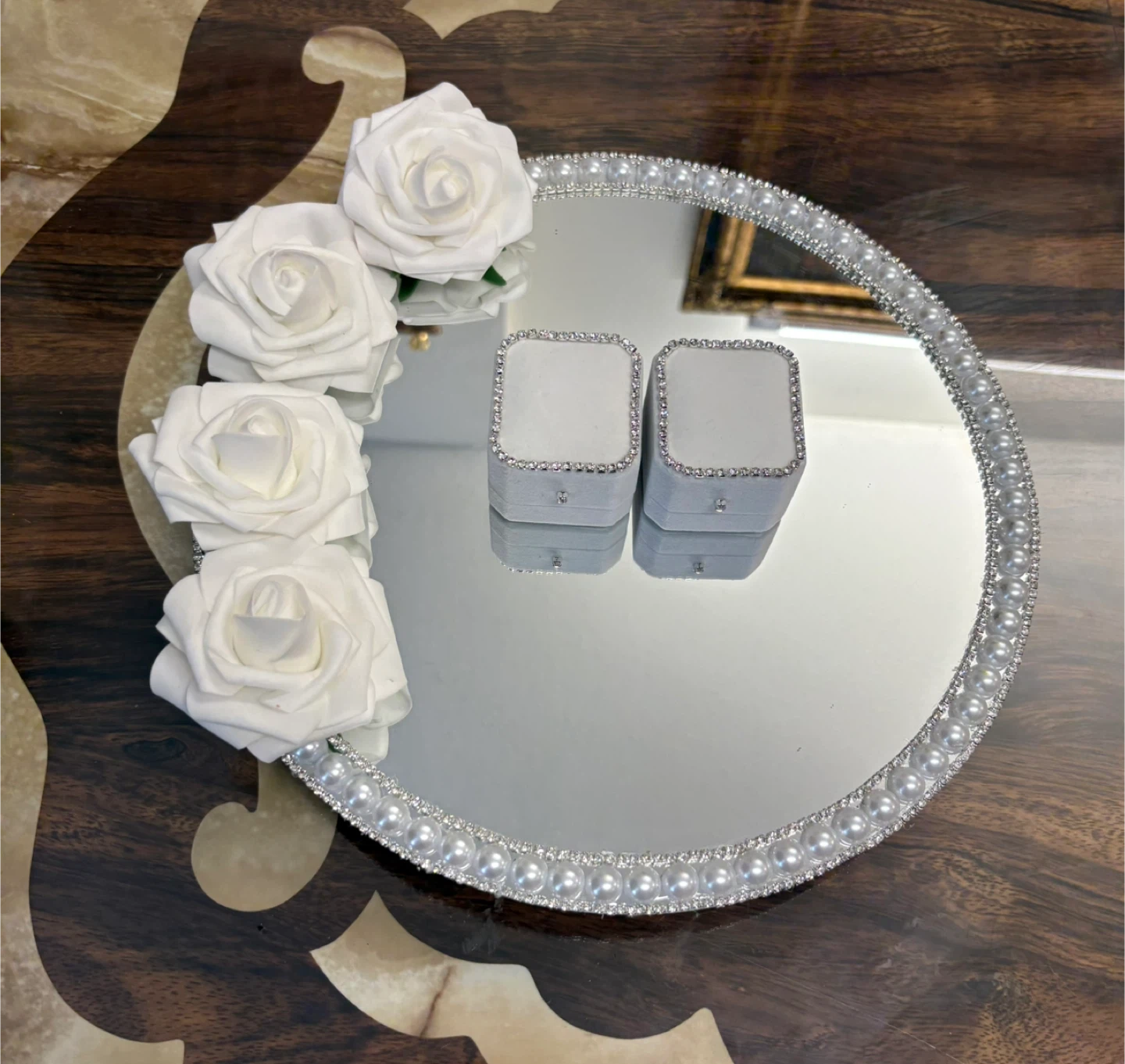 Round Mirror Tray with Faux Pearls & silver rhinestone borders