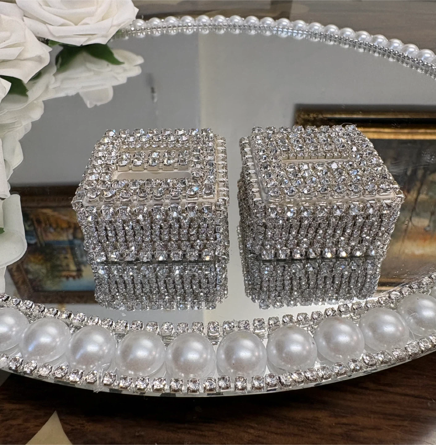 Round Mirror Tray with Faux Pearls & silver rhinestone borders - photo 5