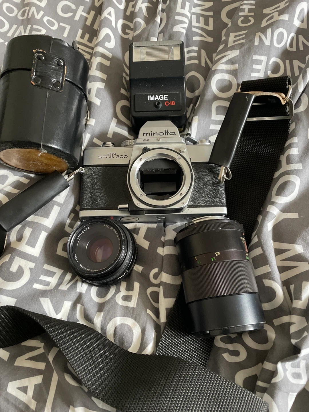 Minolta SRT 200 Film Camera with Flash and Lenses