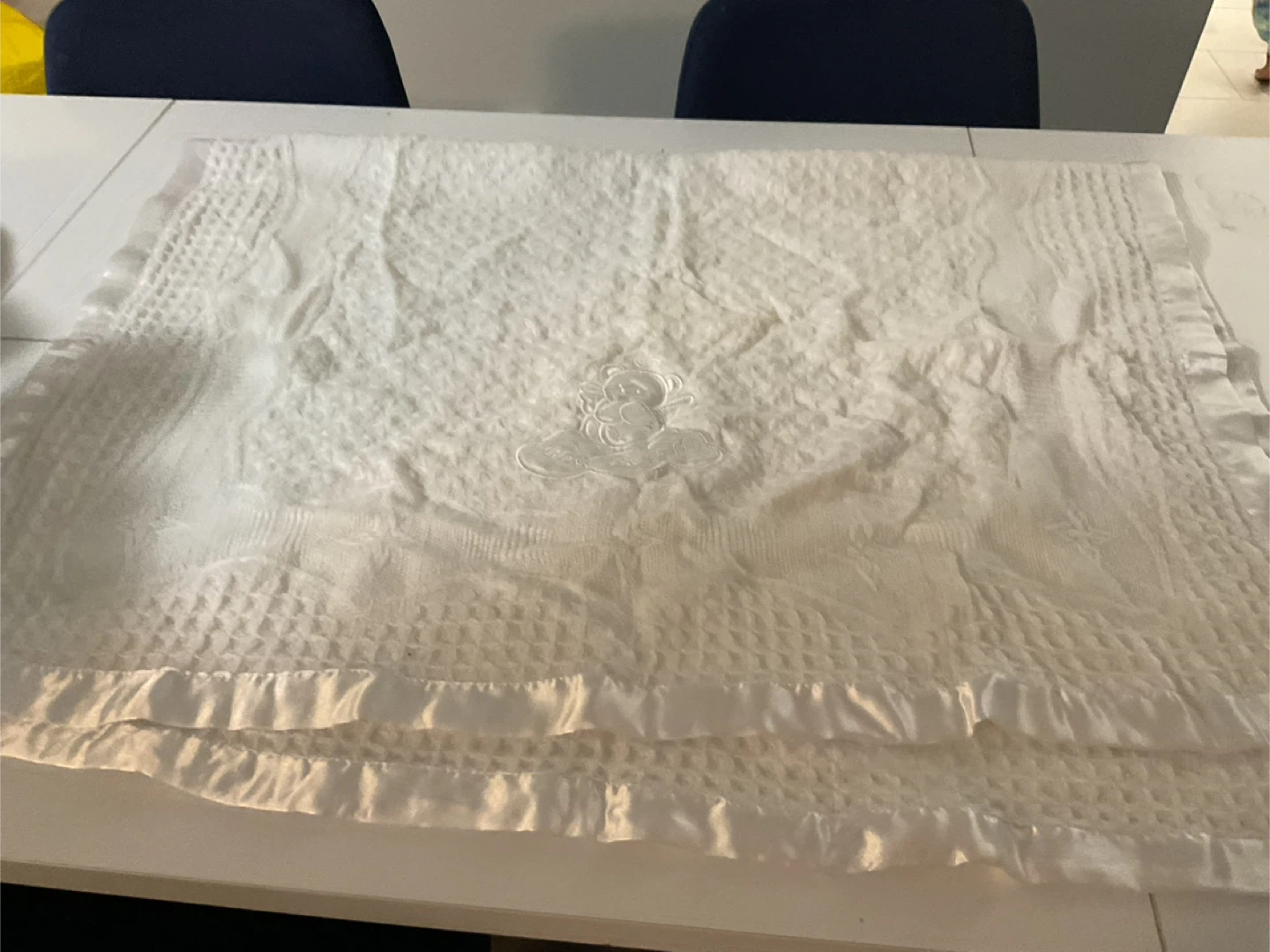 White Baby Blanket with "Bless this Child" Embroidery