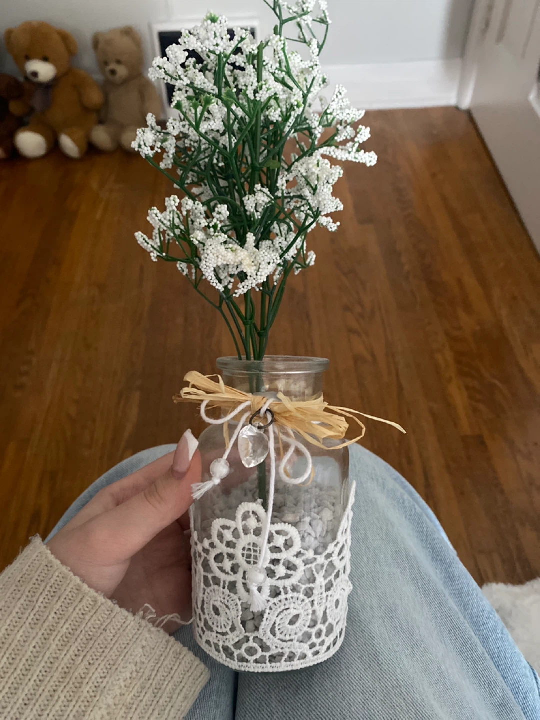 Decorative Glass Vase with White Flowers