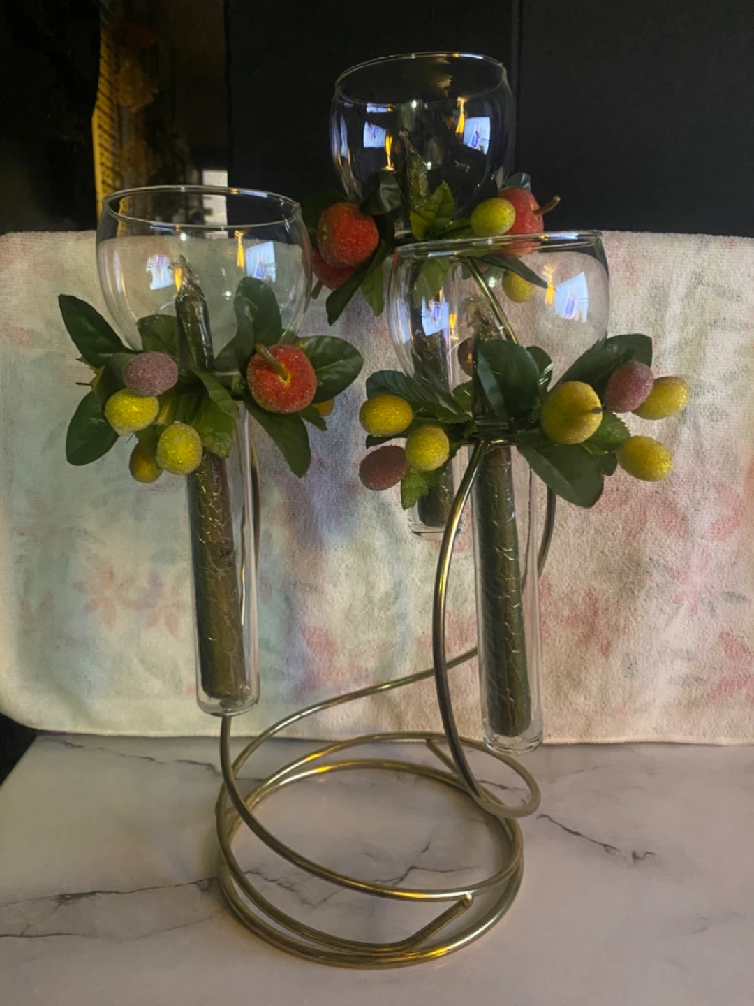 Glass Candle Holder with Faux Fruit & Berries
