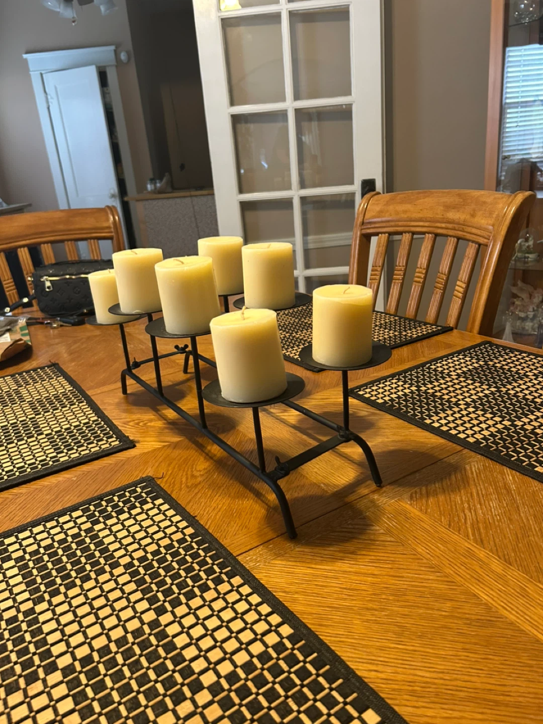 Set of 8 Pillar Candles with Black Metal Candelabra