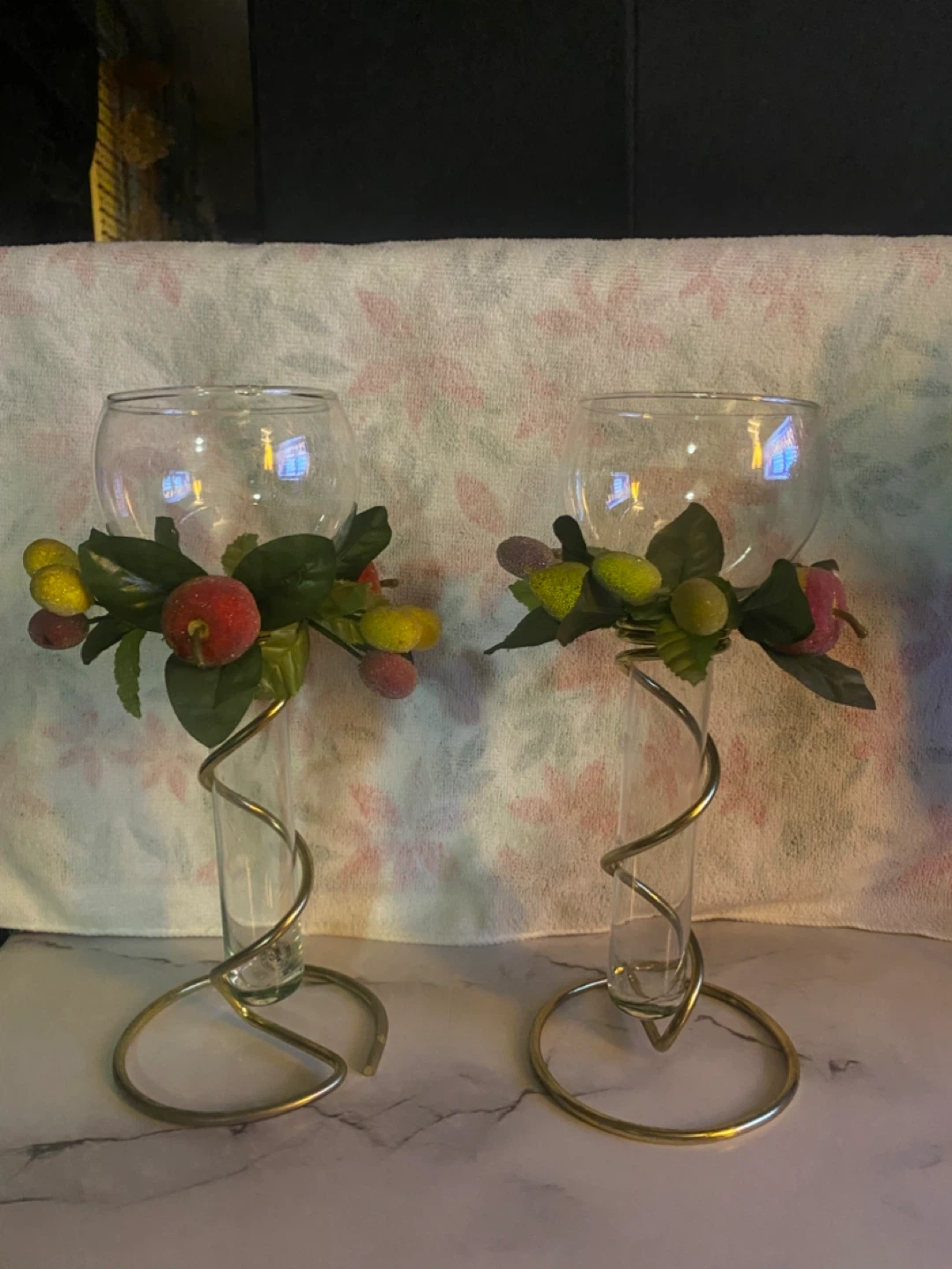 Set of 2 Decorative Glass Vases with Faux Fruit Embellishments