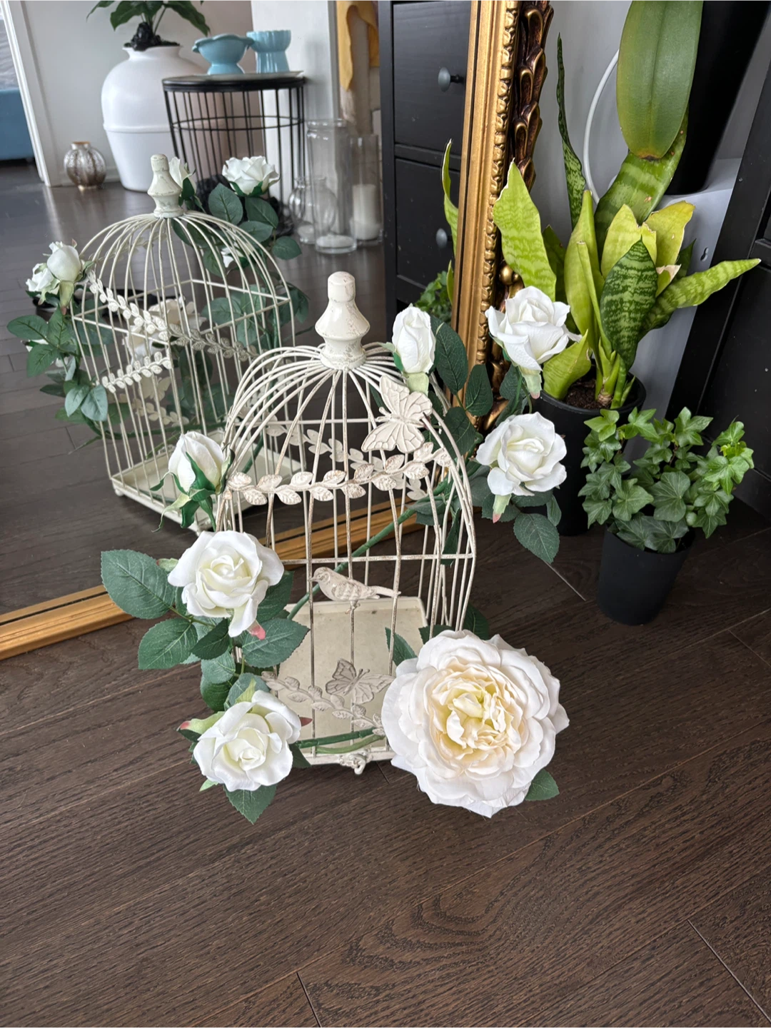 Decorative White Bird Cage with Faux Roses Set