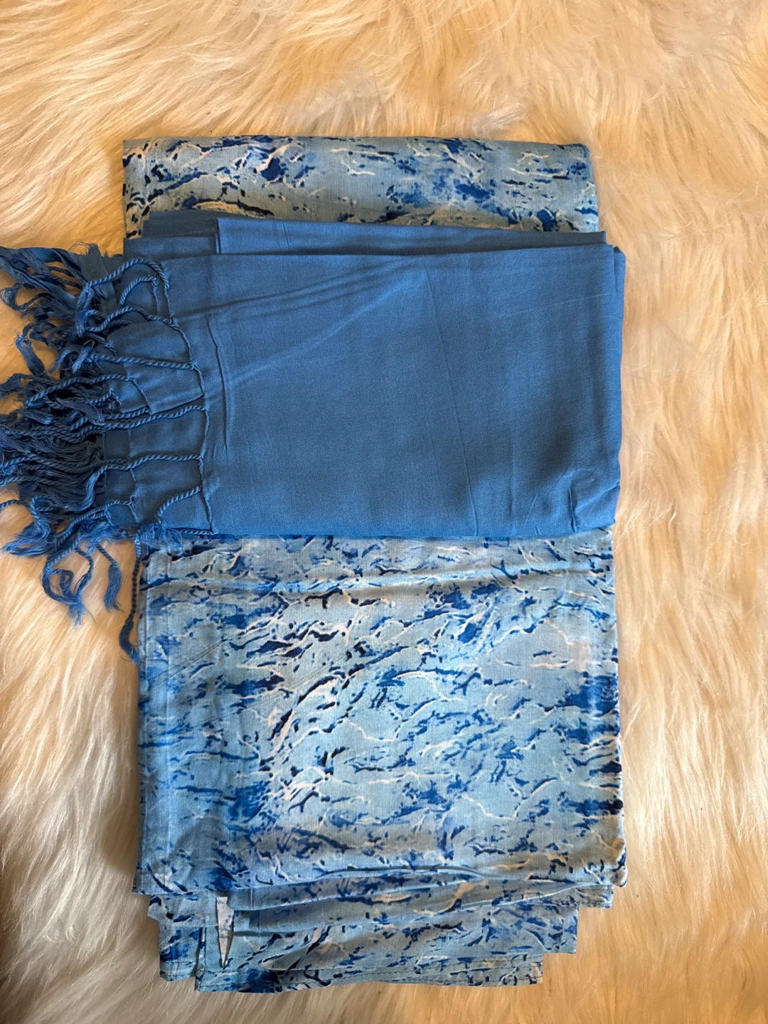 Blue Patterned Scarf with Fringe
