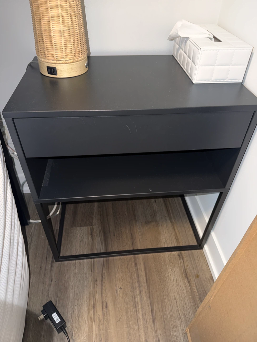 Black IKEA Nightstand with Drawer and Shelf