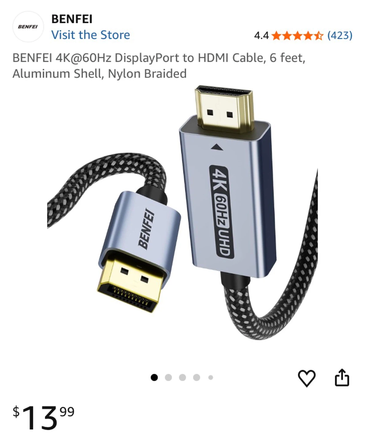 BENFEI DisplayPort to HDMI Cable 6FT/1.8M