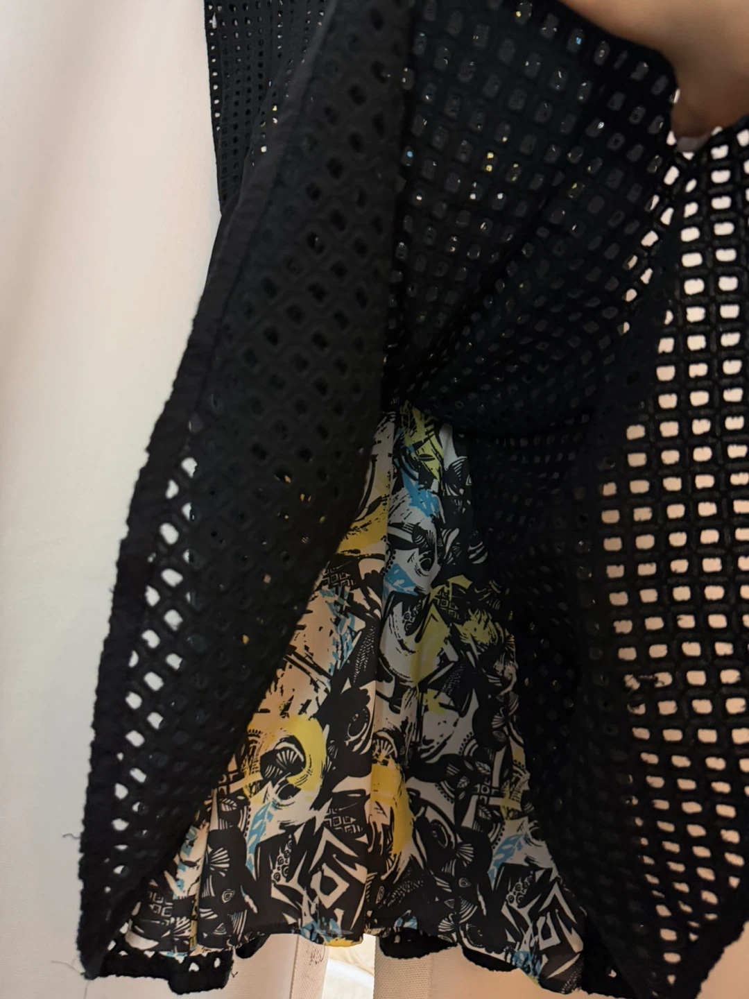 Black Mesh Overlay Dress with Colorful Print Lining - photo 3