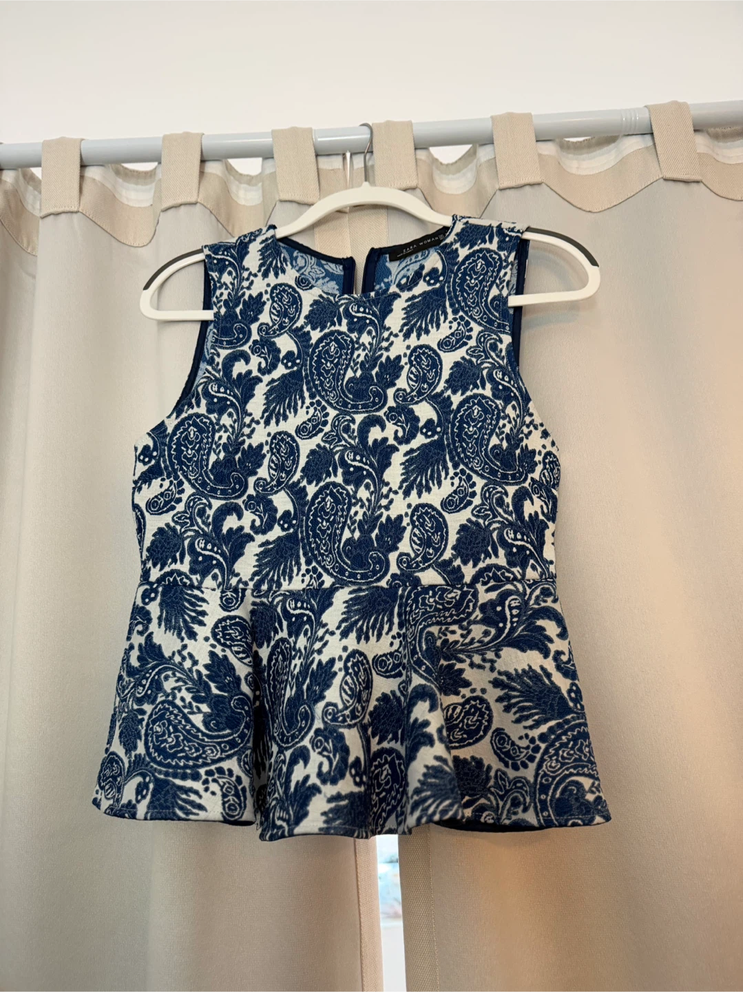 Women's Blue & White Paisley Peplum Top