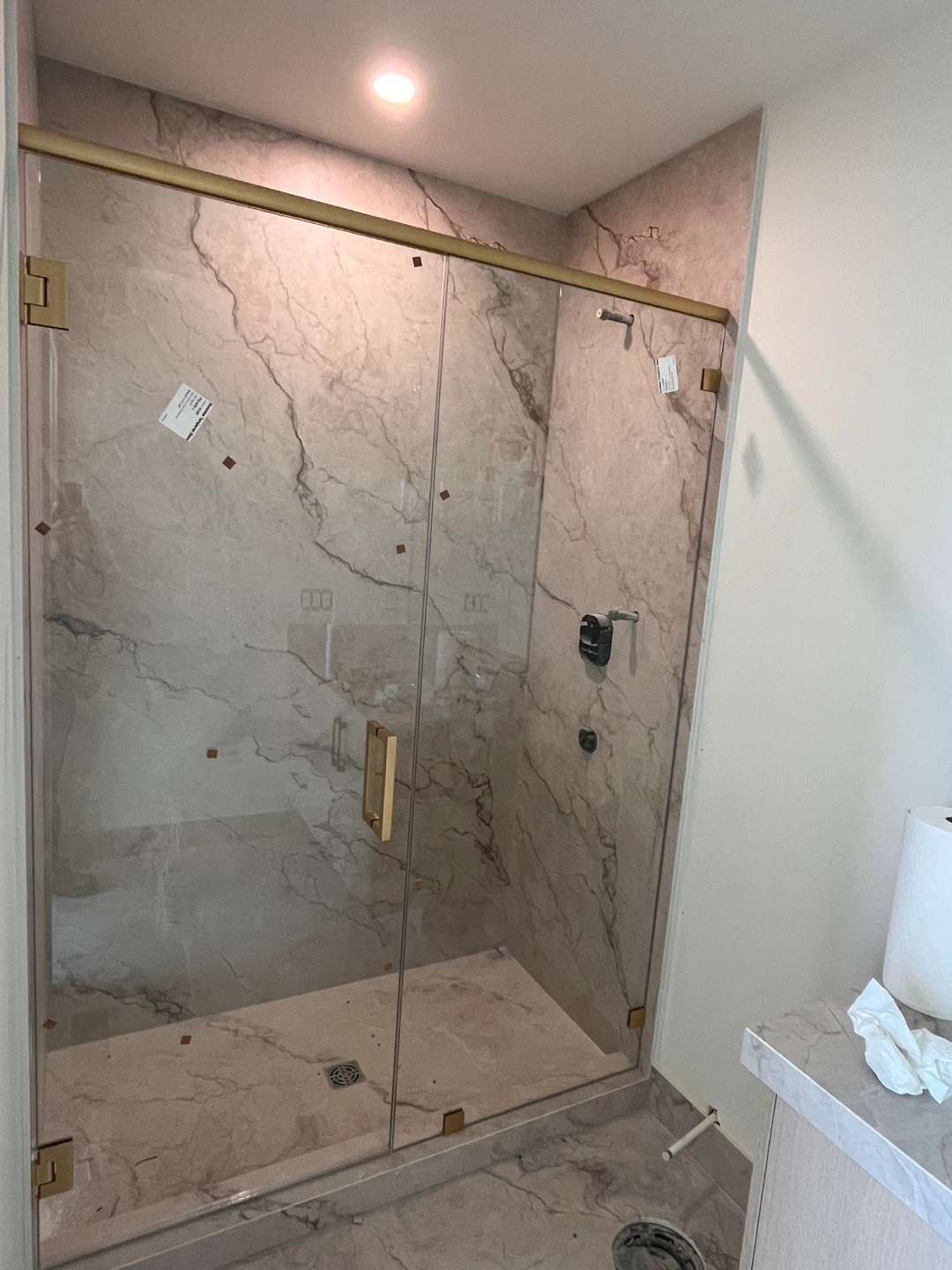 Custom Glass Shower Enclosure with Marble Tile Accents - photo 4