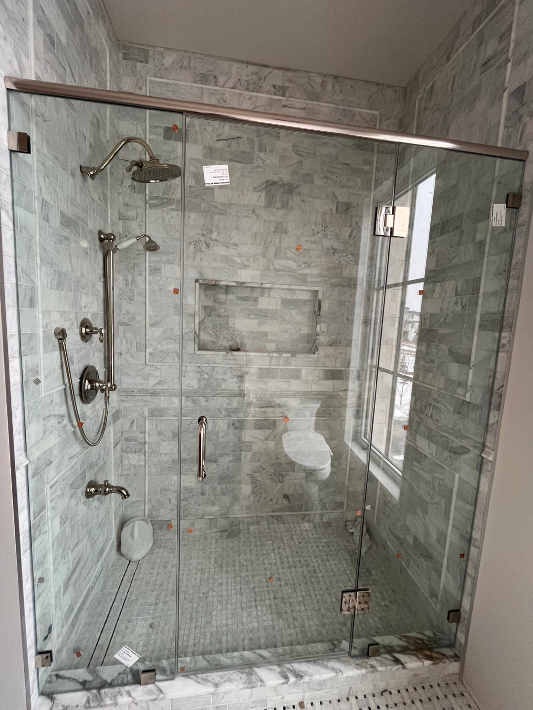 Custom Glass Shower Enclosure with Marble Tile Accents - photo 3