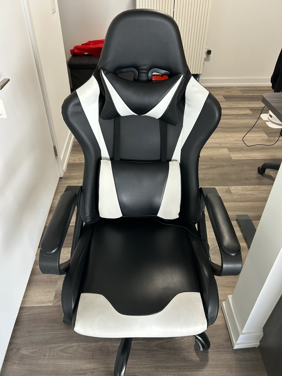 Black and White Gaming Chair with Lumbar and Neck Support