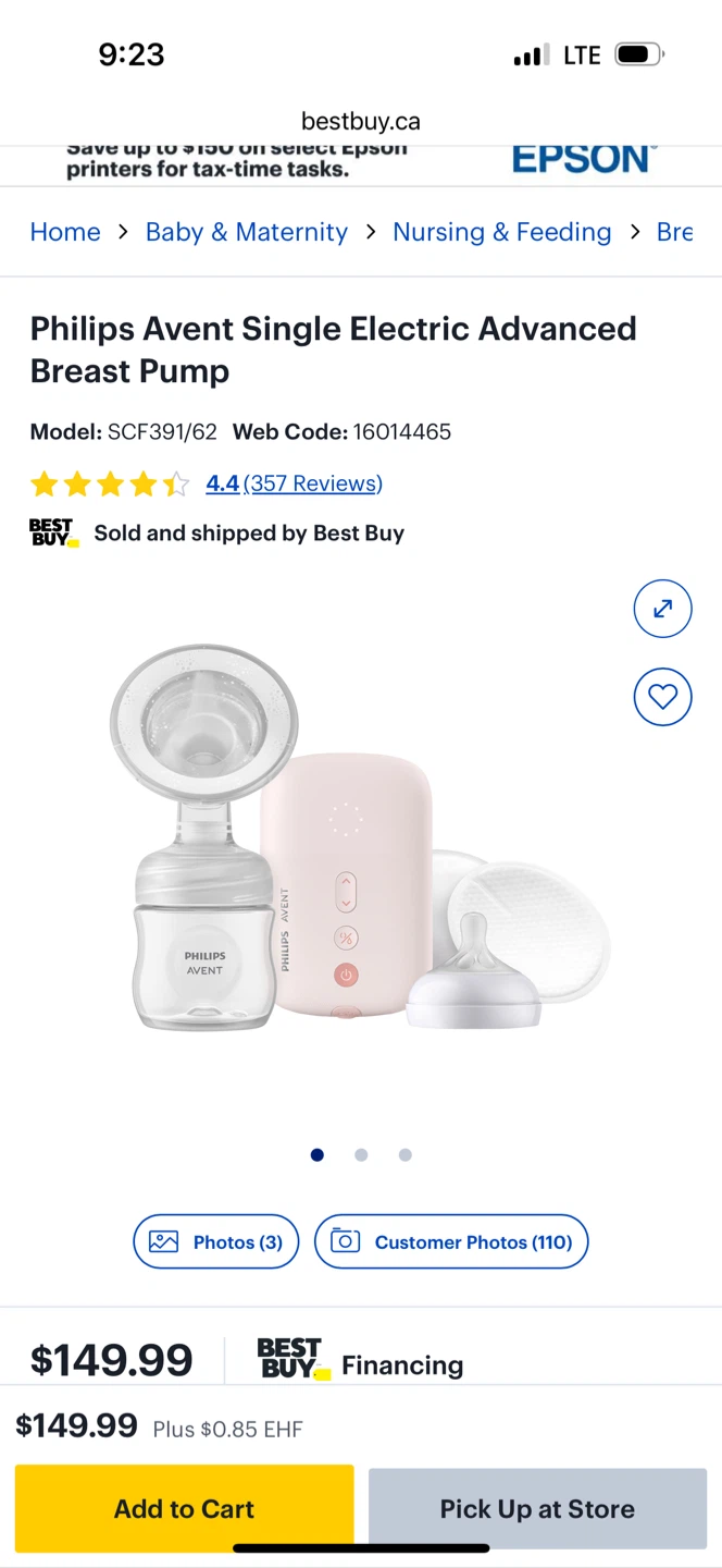 Philips Avent Single Electric Advanced Breast Pump SCF391/62