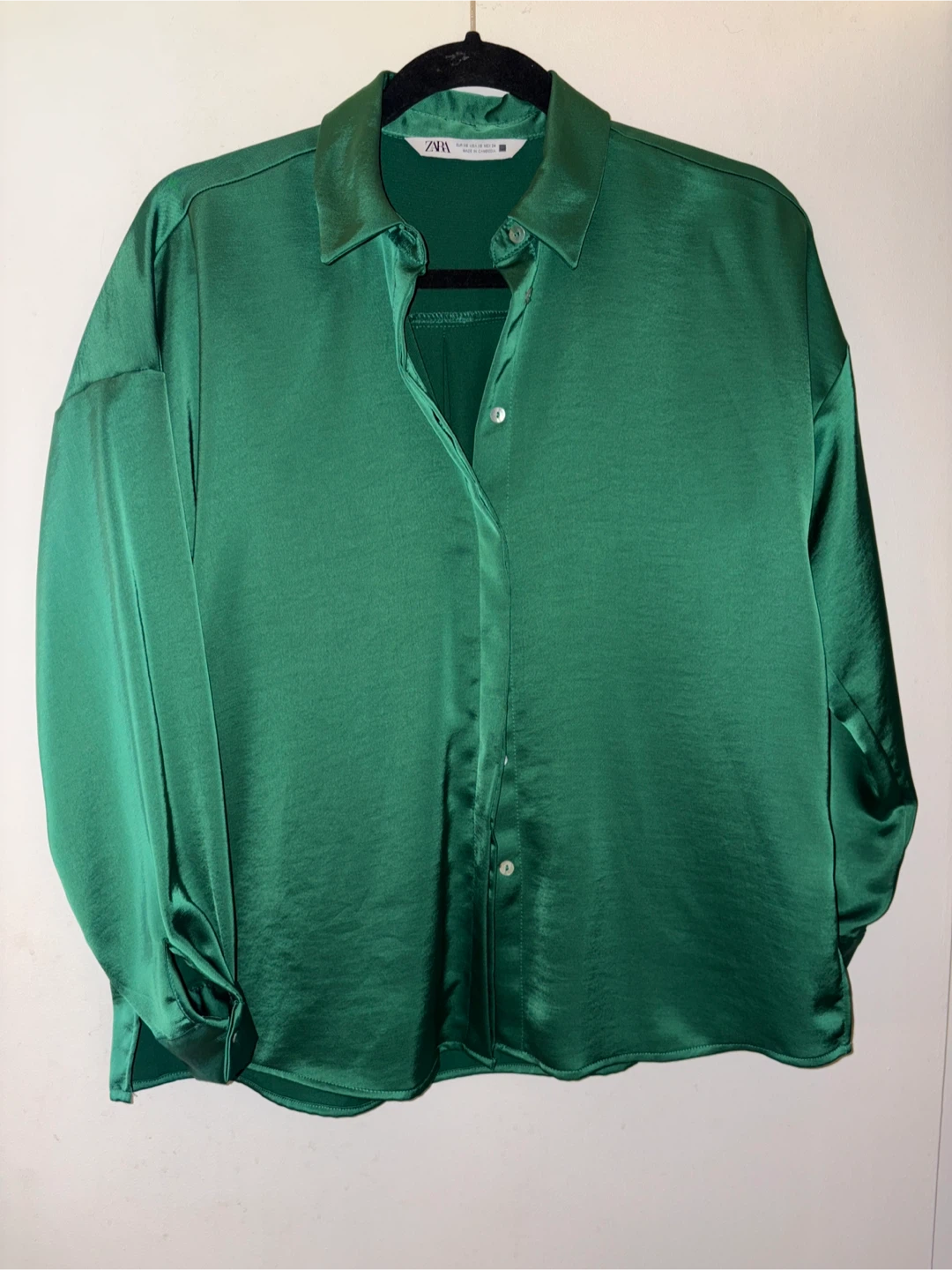 ZARA Emerald Green Satin Button-Up Shirt