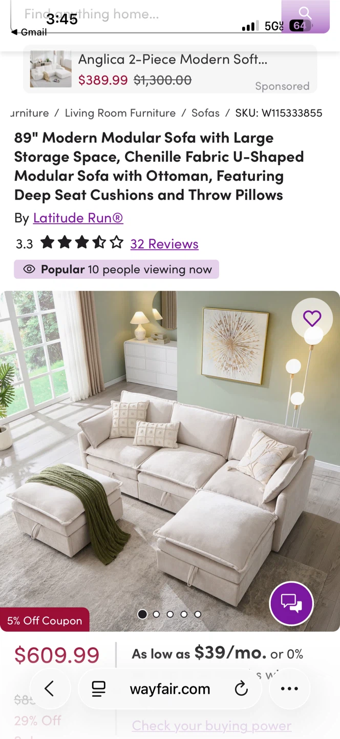 (NEED GONE ASAP) Latitude Run Modular Sofa w/ Ottoman - photo 2