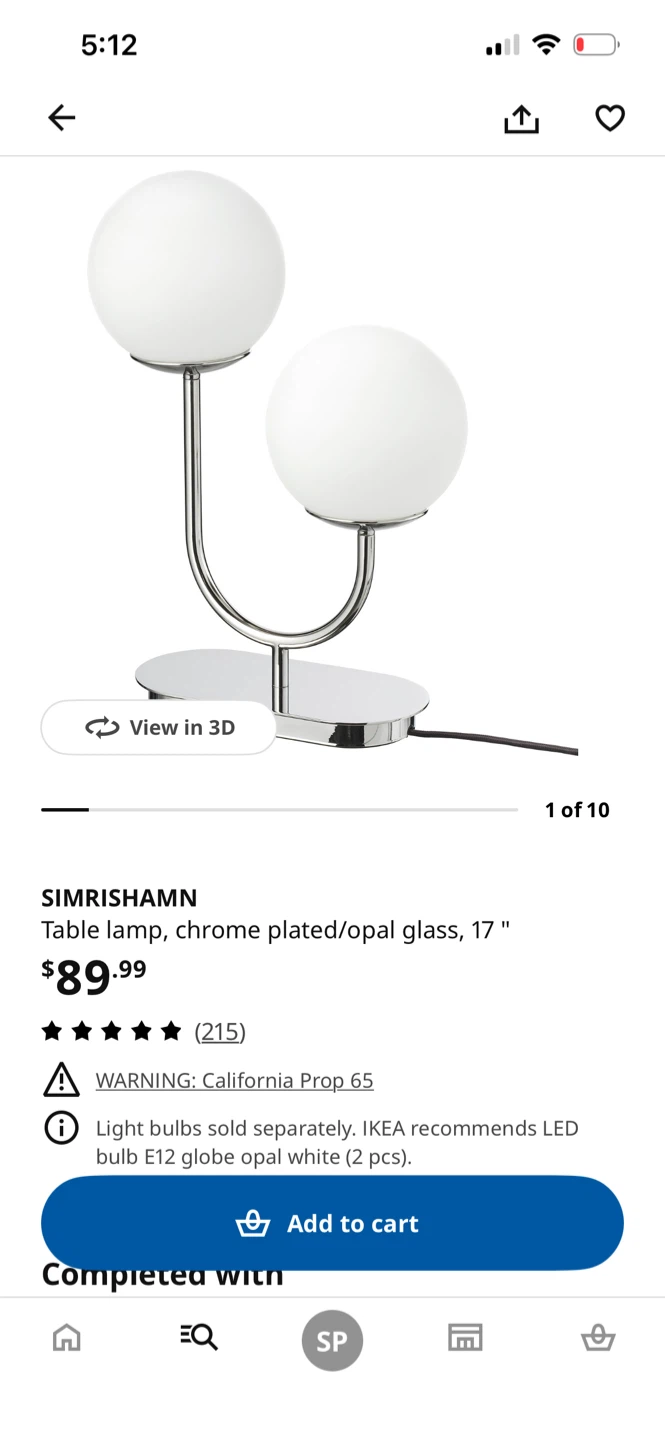 IKEA SIMRISHAMN Table Lamp - Chrome Plated/Opal Glass