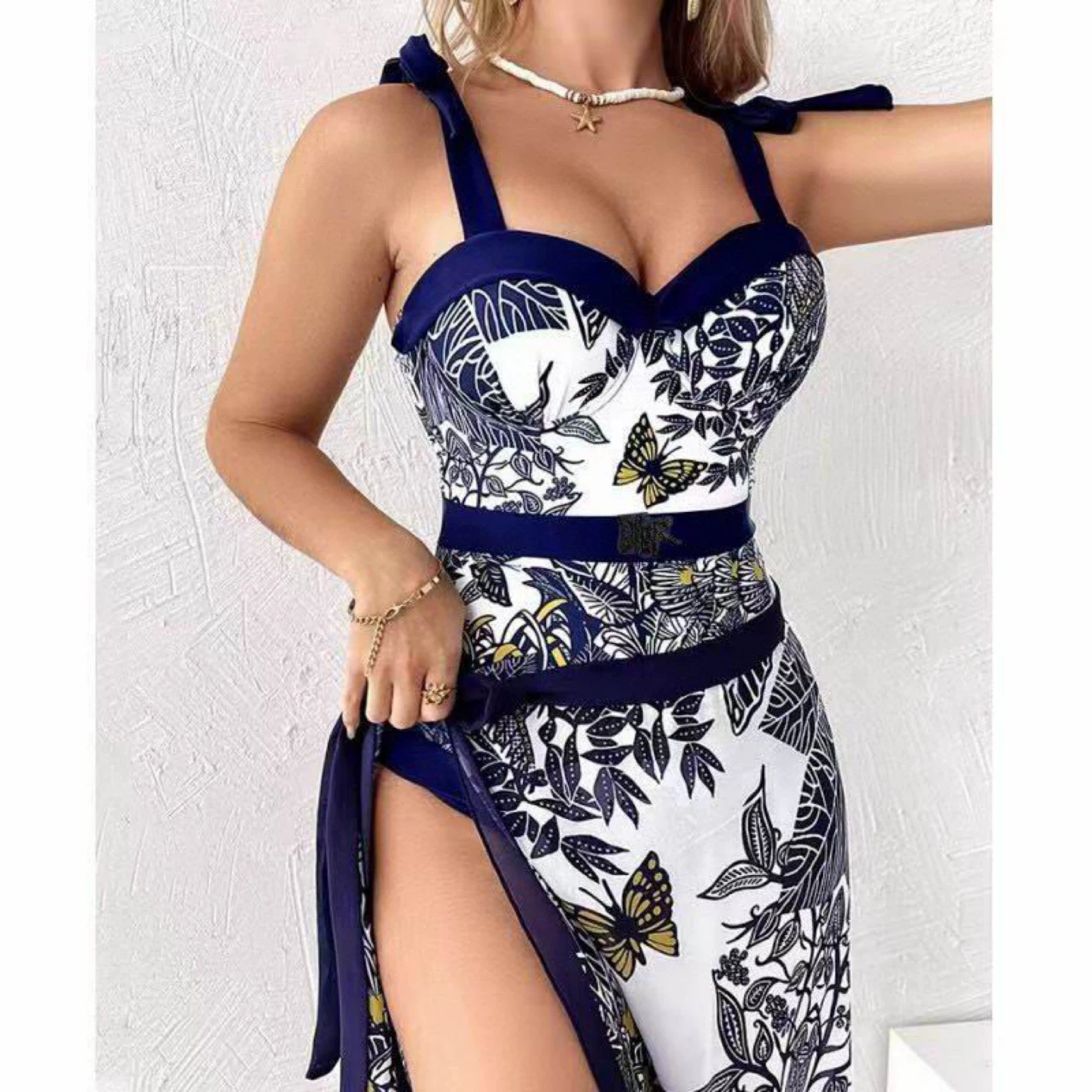 Women's Floral Butterfly Print Swimsuit with High Slit Skirt