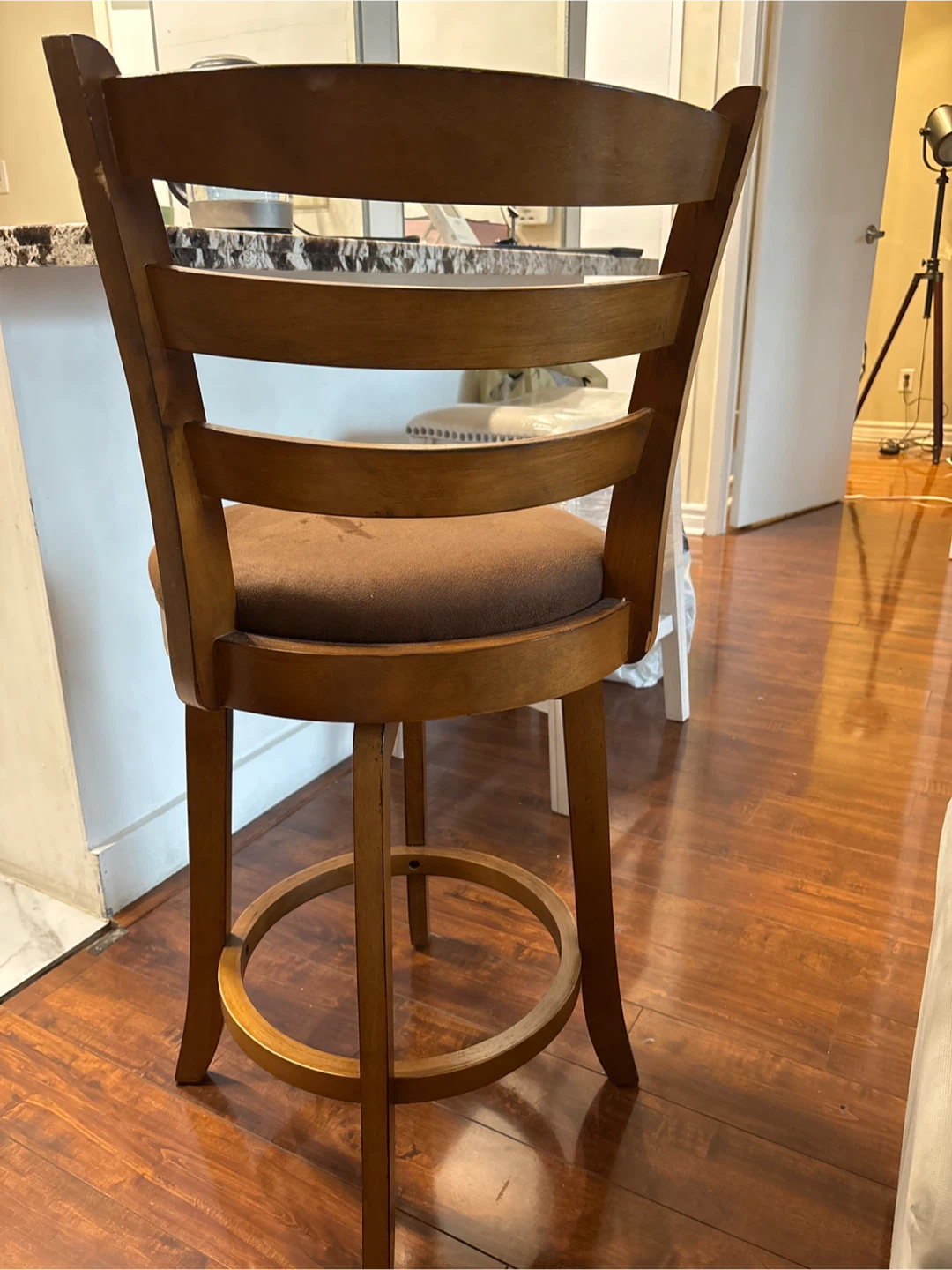 Wooden Swivel Bar Stool with Brown Upholstered Seat - photo 2