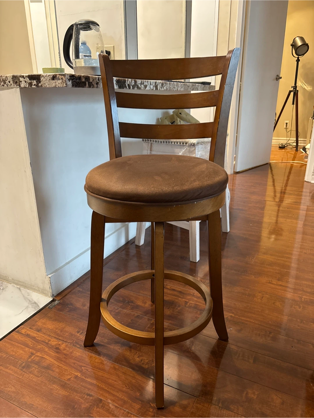 Wooden Swivel Bar Stool with Brown Upholstered Seat