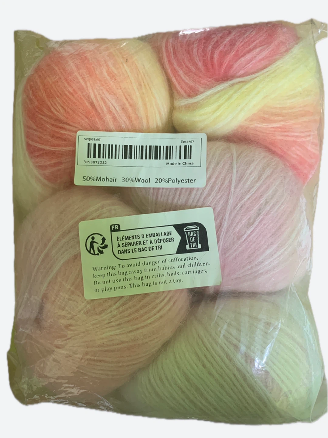 Mohair Blend Yarn - Pink, Yellow, Green