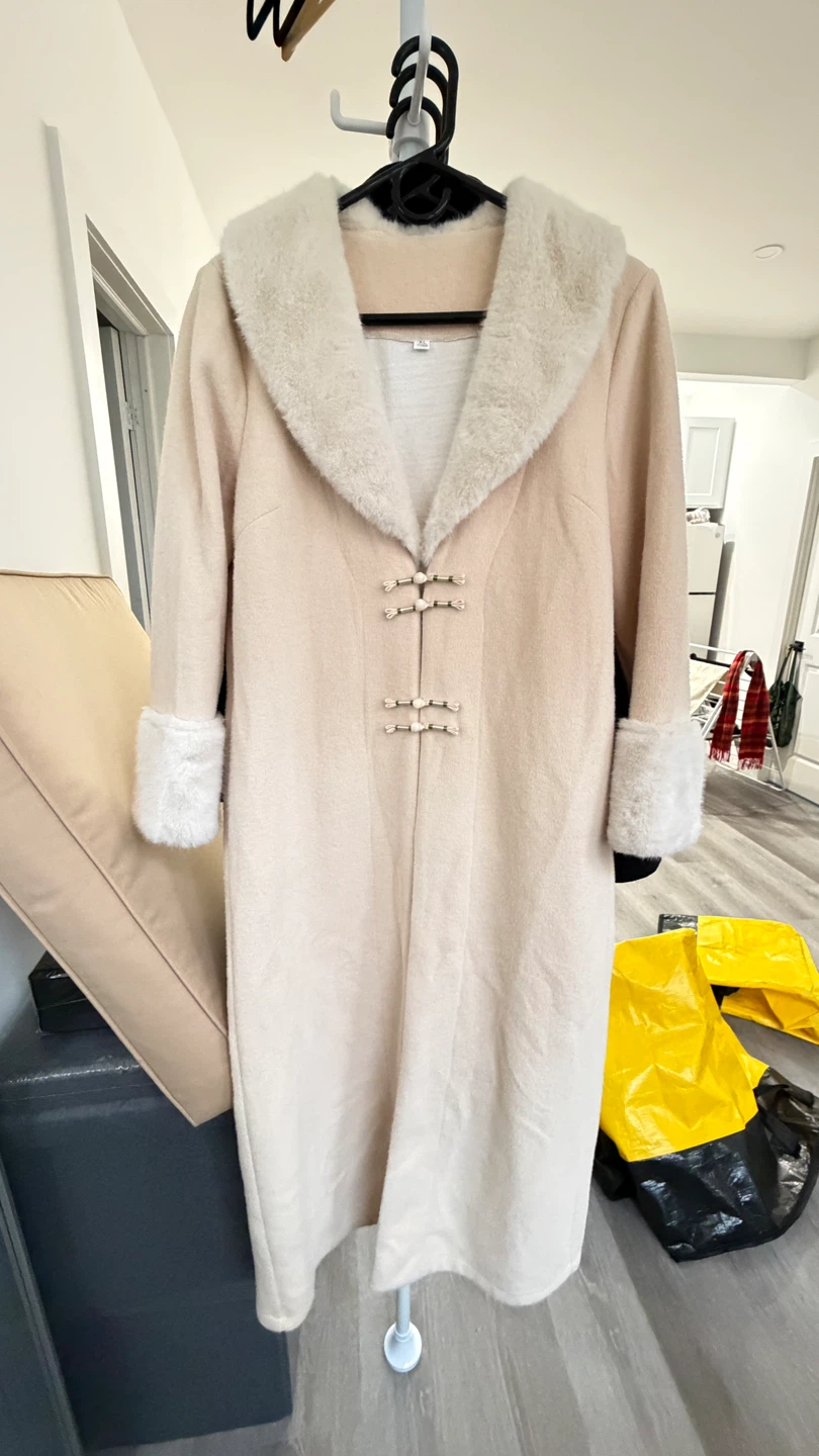 Women's Beige Coat with Faux Fur Trim