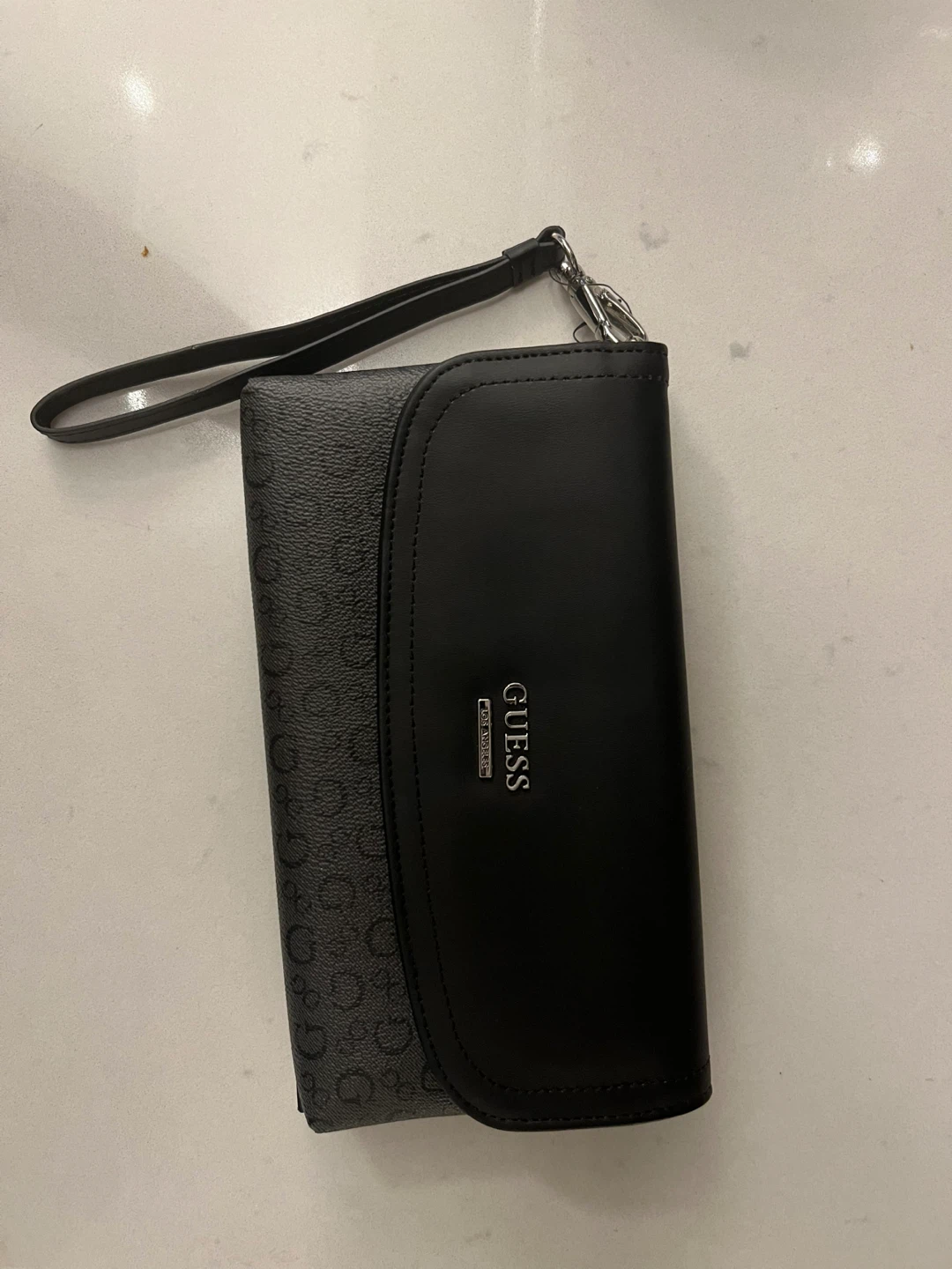 GUESS Black Monogram Wristlet Clutch