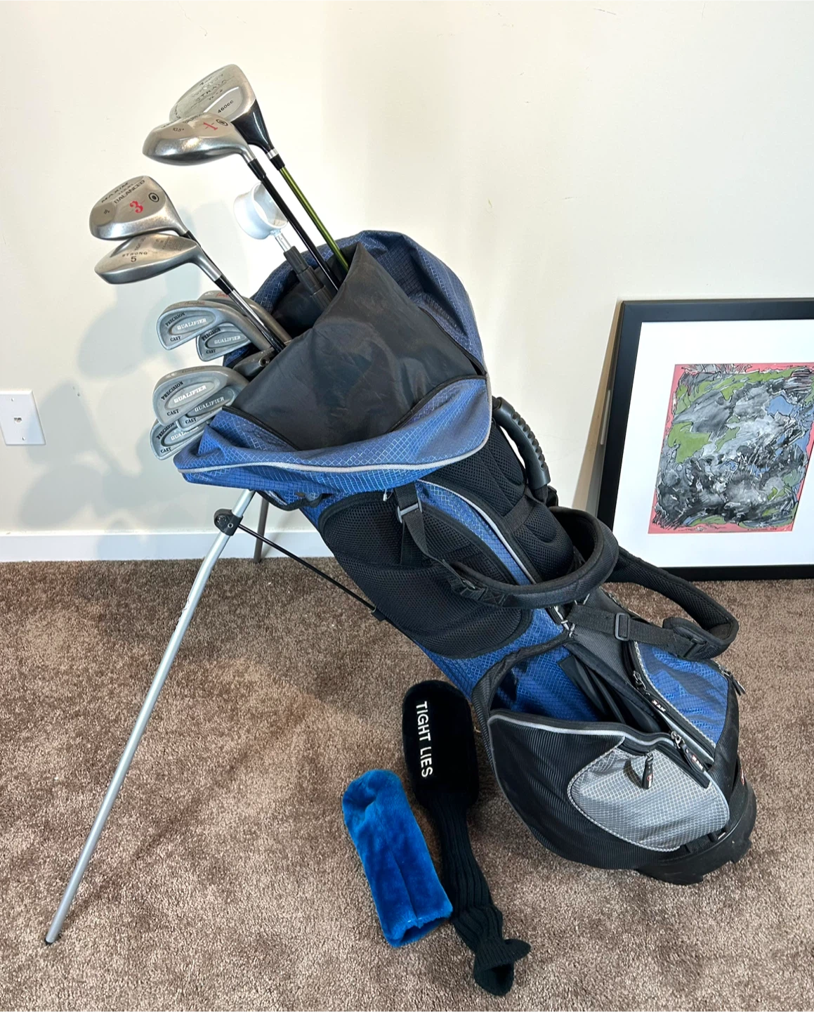 Blue Stand Golf Bag with Clubs and Accessories