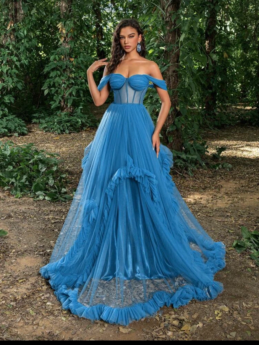 Blue Tulle Off-the-Shoulder Gown with Ruffles - photo 2