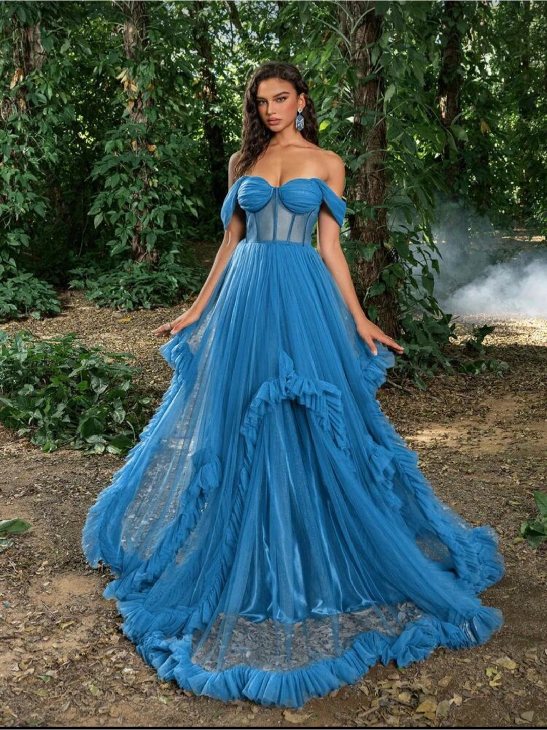 Blue Tulle Off-the-Shoulder Gown with Ruffles