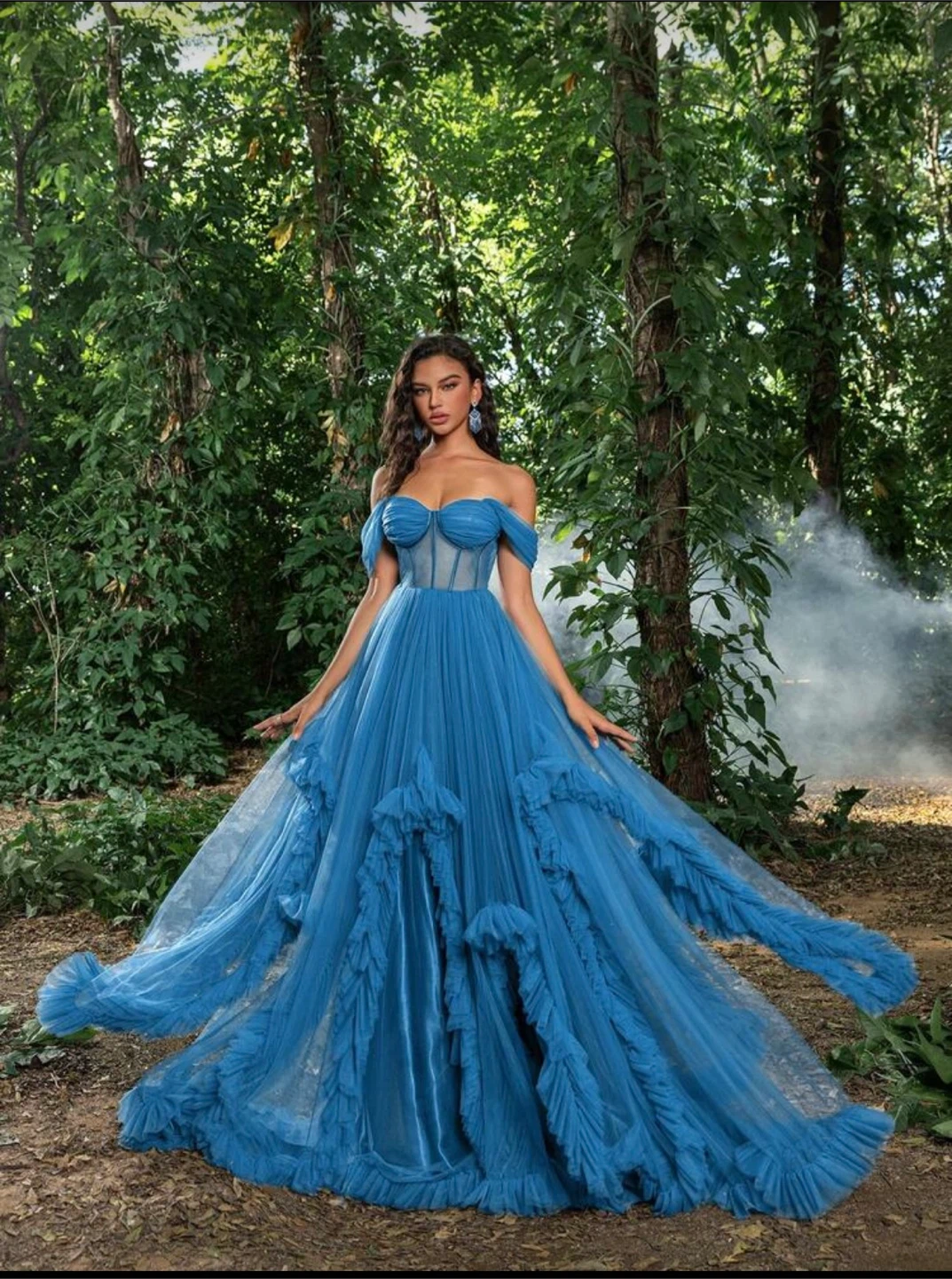 Blue Tulle Off-the-Shoulder Gown with Ruffles - photo 4