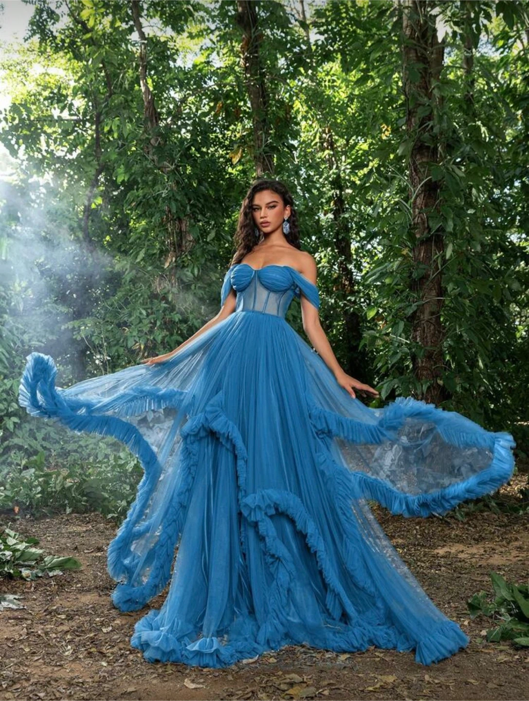 Blue Tulle Off-the-Shoulder Gown with Ruffles - photo 3