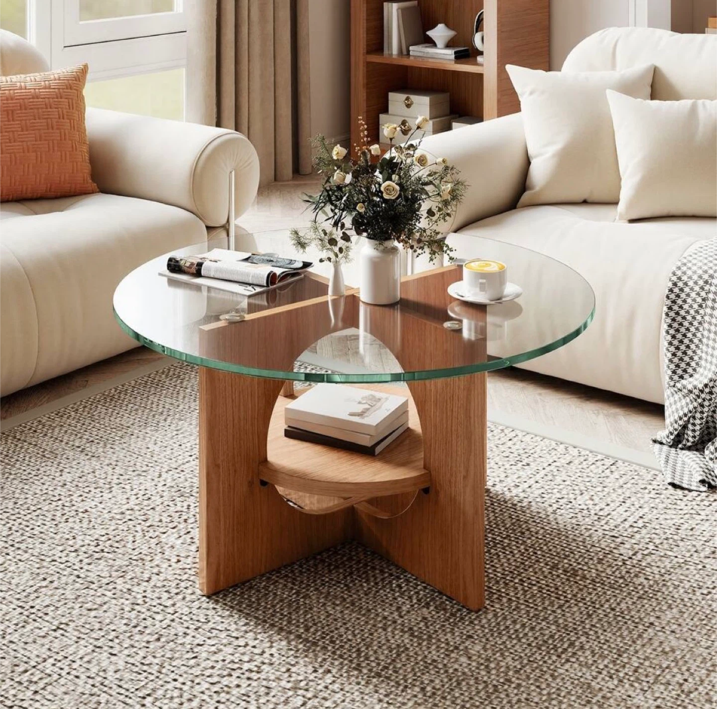Round Glass Top Coffee Table with Wood Base