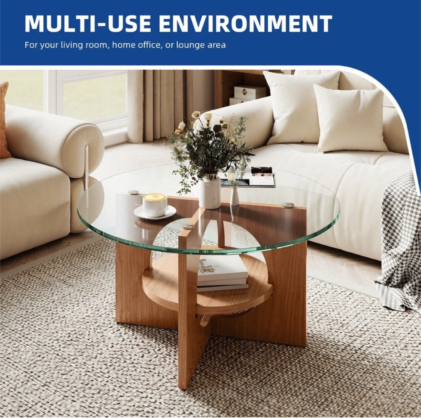 Round Glass Top Coffee Table with Wood Base - photo 5