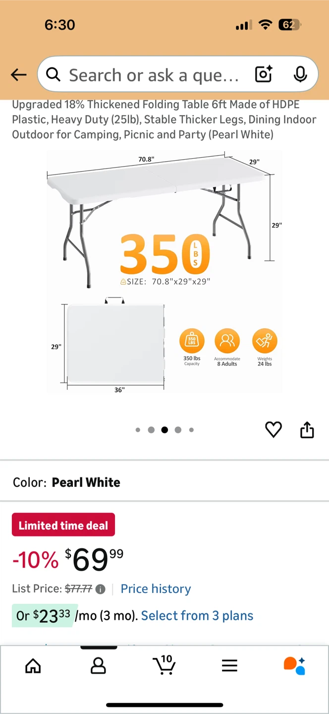 Upgraded 18% Thickened Folding Table 6ft - Pearl White - photo 2