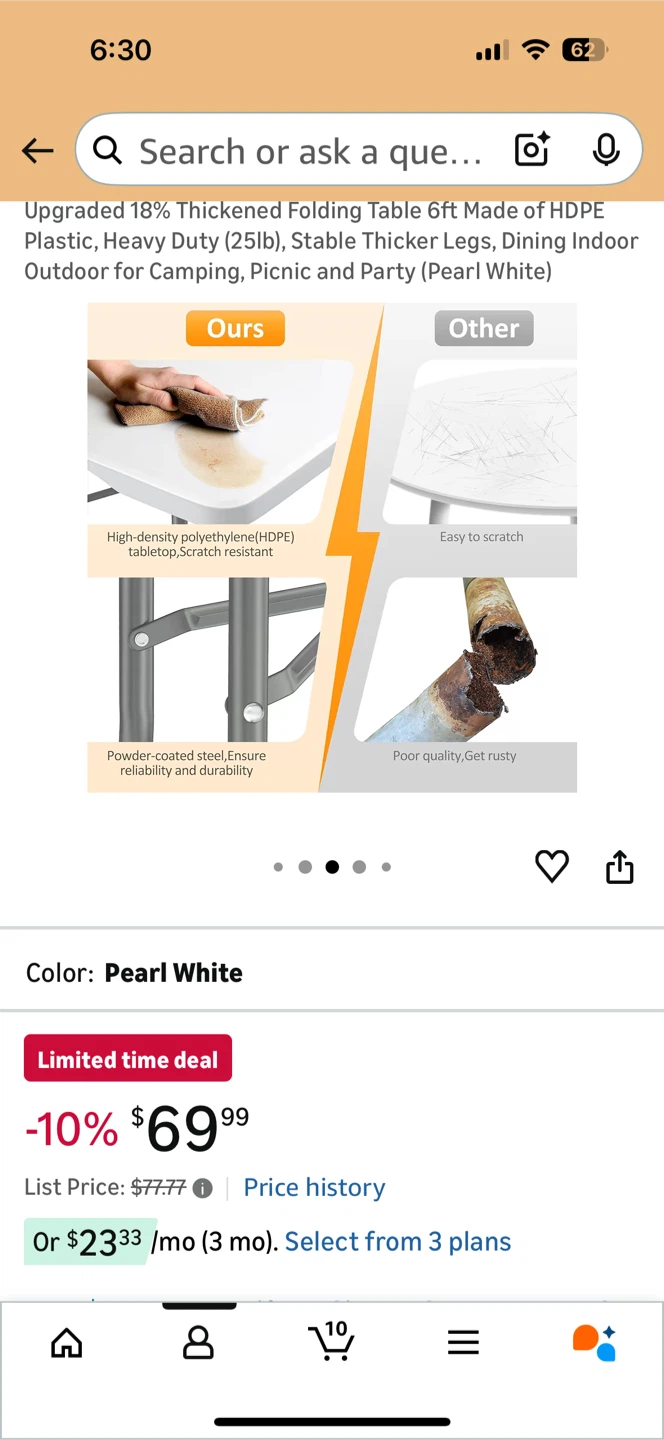 Upgraded 18% Thickened Folding Table 6ft - Pearl White - photo 3