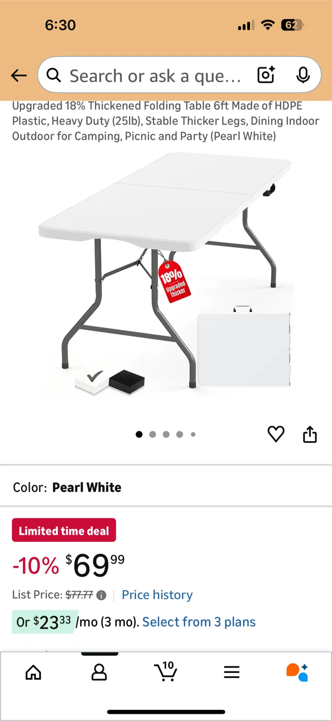 Upgraded 18% Thickened Folding Table 6ft - Pearl White