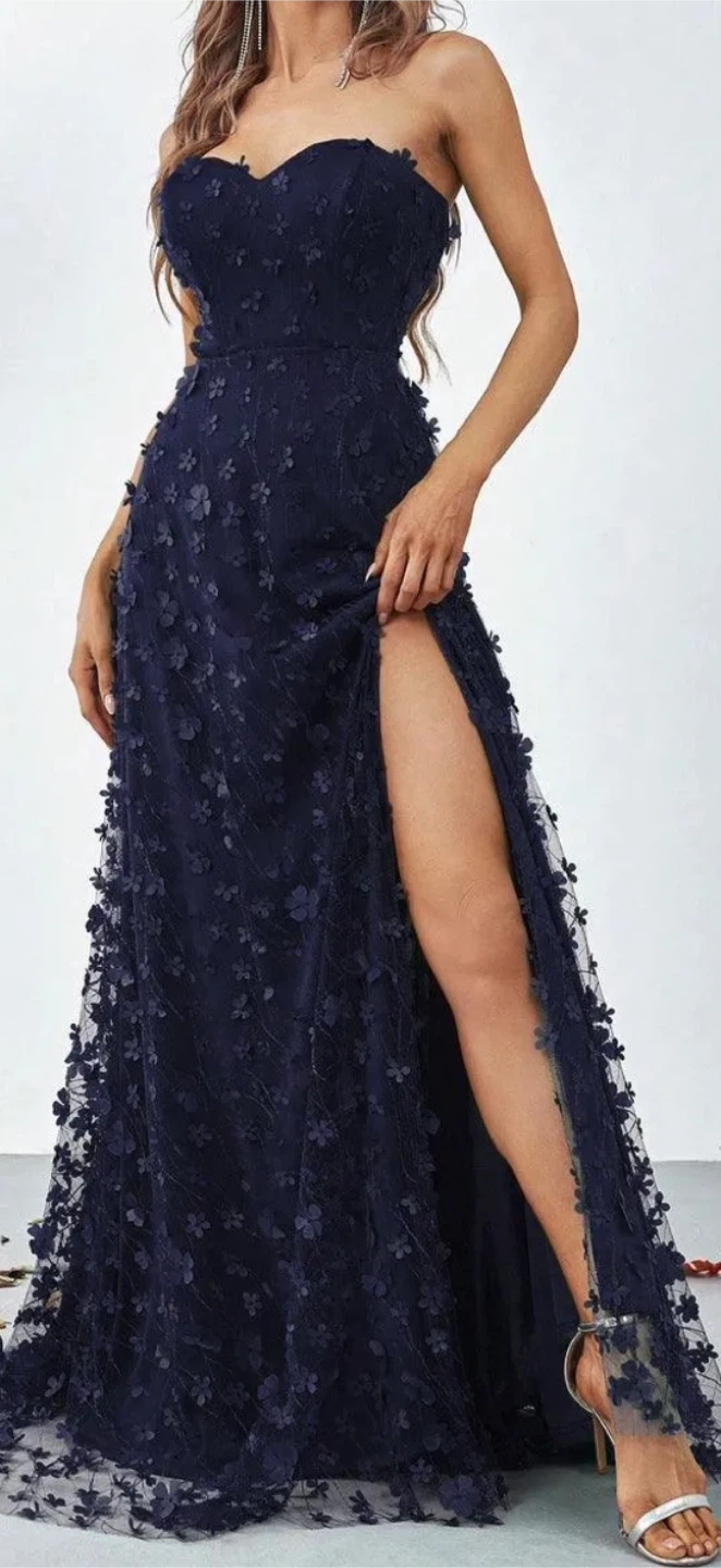 Navy Blue Strapless Gown with Floral Appliqués - photo 5