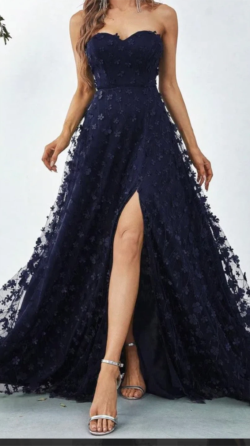 Navy Blue Strapless Gown with Floral Appliqués - photo 2