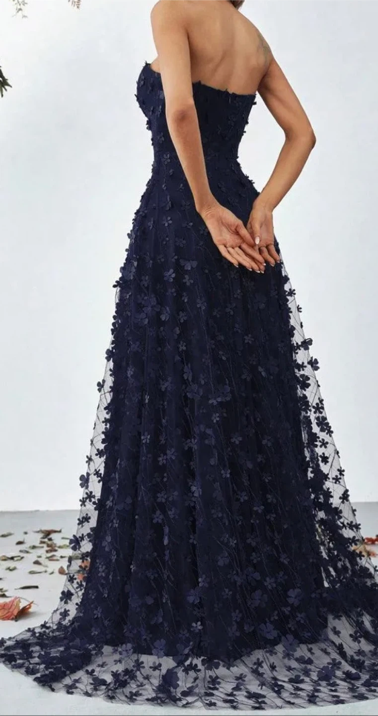 Navy Blue Strapless Gown with Floral Appliqués - photo 4